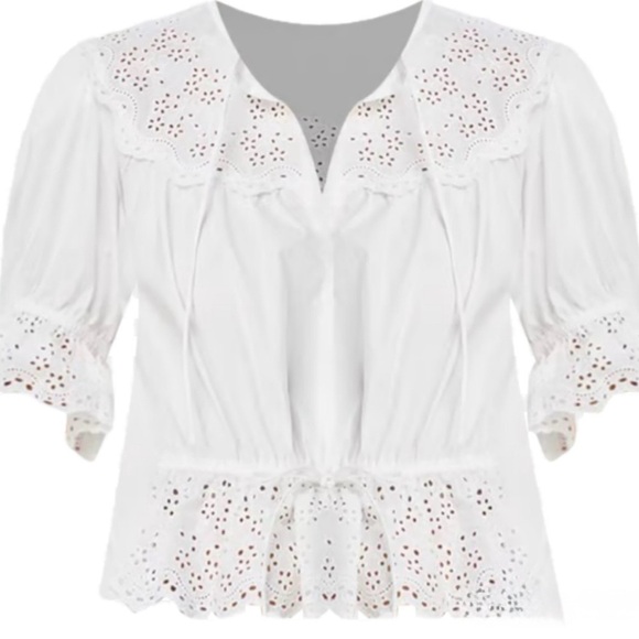 AQUA EYELET PUFF SLEEVE TIE TOP – FLIRTY & FEMININE, SIZE: M - Picture 5 of 10